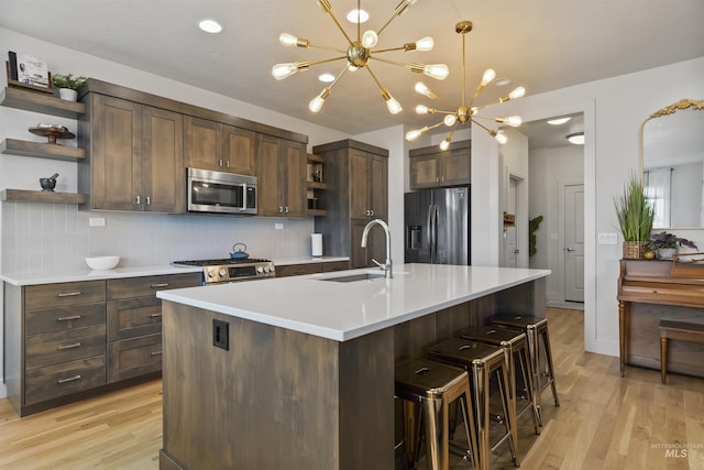 10110 Irongate Dr, Nampa, ID 83687 - kitchen with light wood finished floors, a sink, backsplash, open shelves, and appliances with stainless steel finishes