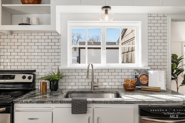 kitchen with a sink, tasteful backsplash, appliances with stainless steel finishes, and white cabinets