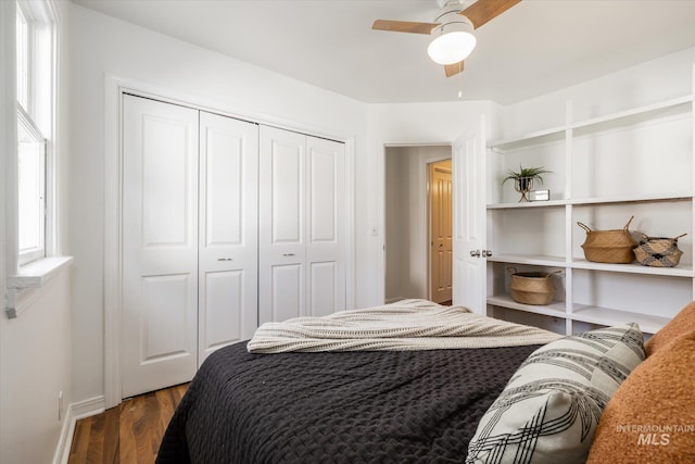 bedroom with a ceiling fan, dark wood-style floors, a closet, and baseboards