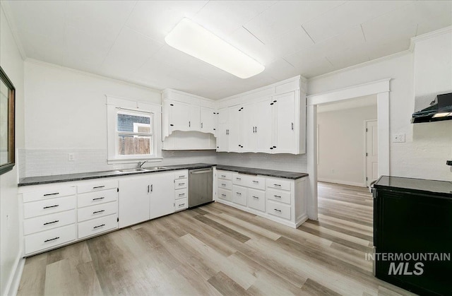 116 S Nectarine St, Nampa, ID 83686 - kitchen with stove, stainless steel dishwasher, dark countertops, crown molding, and backsplash