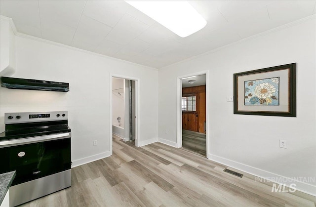 116 S Nectarine St, Nampa, ID 83686 - kitchen featuring stainless steel range with electric stovetop, ventilation hood, ornamental molding, and light wood-type flooring