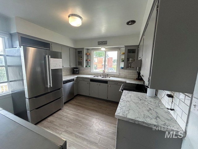 1527 13th Ave, Lewiston, ID 83501 - kitchen featuring appliances with stainless steel finishes, open shelves, gray cabinetry, and backsplash