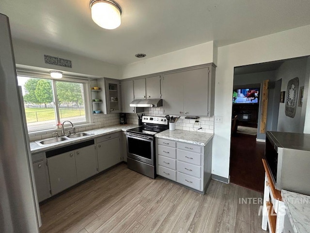 1527 13th Ave, Lewiston, ID 83501 - kitchen featuring stainless steel electric stove, under cabinet range hood, gray cabinetry, light wood-style flooring, and decorative backsplash