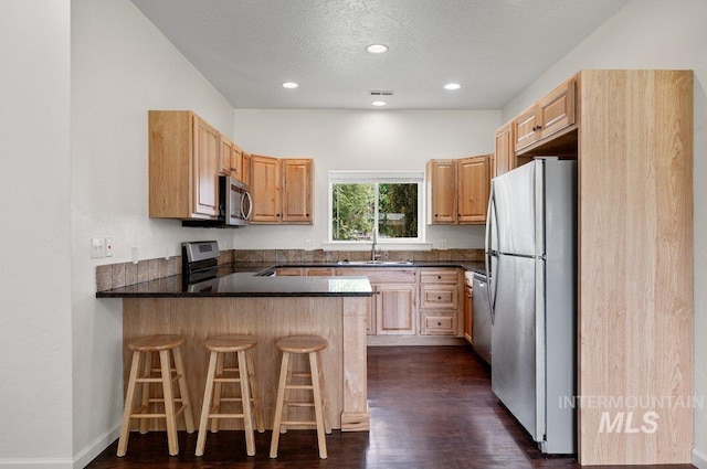 316 N 11th St, Payette, ID 83661 - kitchen featuring stainless steel appliances, a peninsula, dark wood-type flooring, dark countertops, and light brown cabinetry