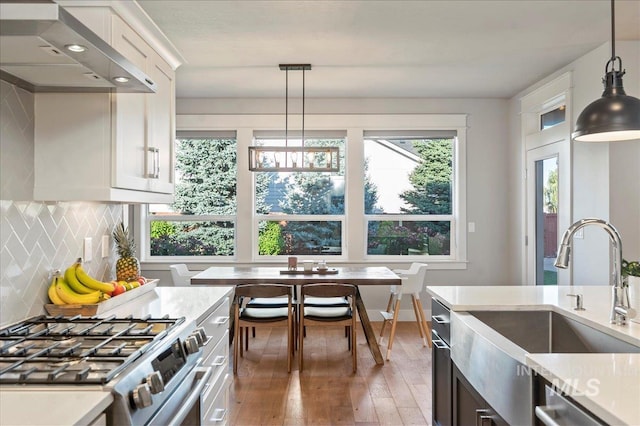 kitchen with stainless steel appliances, decorative backsplash, light wood-style floors, a sink, and wall chimney range hood