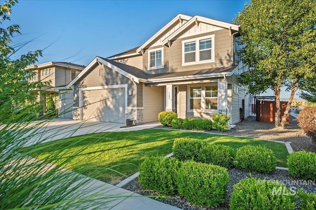 craftsman inspired home featuring a garage, board and batten siding, concrete driveway, and a front yard