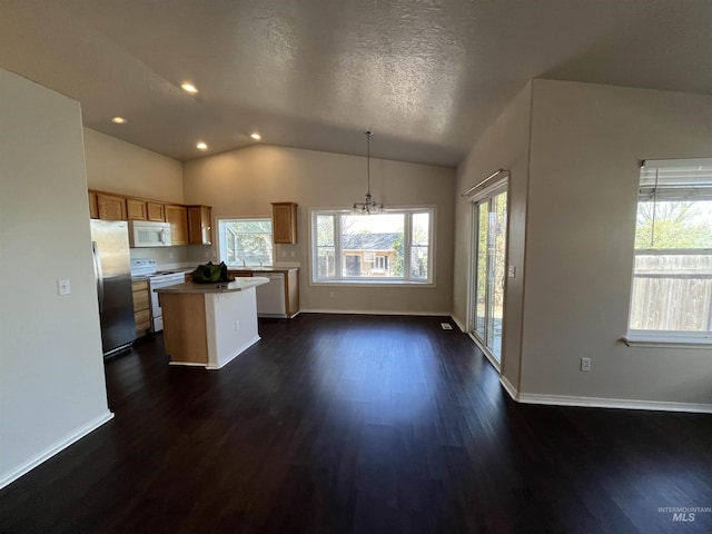 kitchen featuring appliances with stainless steel finishes, a healthy amount of sunlight, dark wood finished floors, and lofted ceiling