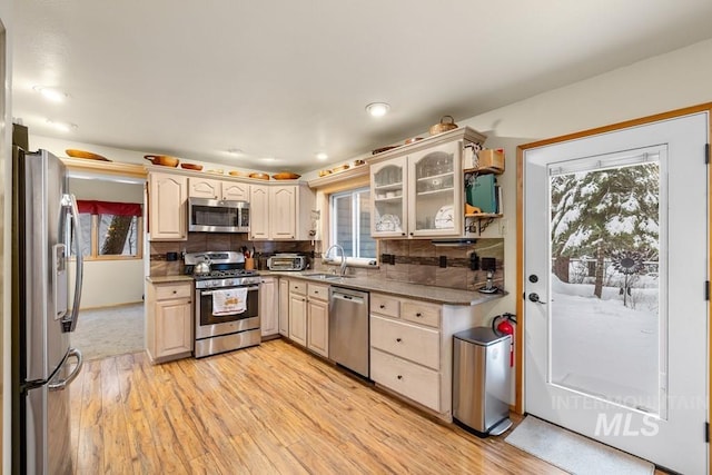 kitchen with appliances with stainless steel finishes, decorative backsplash, light hardwood / wood-style floors, and sink