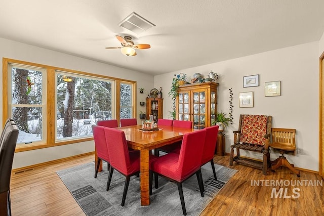 dining room featuring ceiling fan and hardwood / wood-style flooring