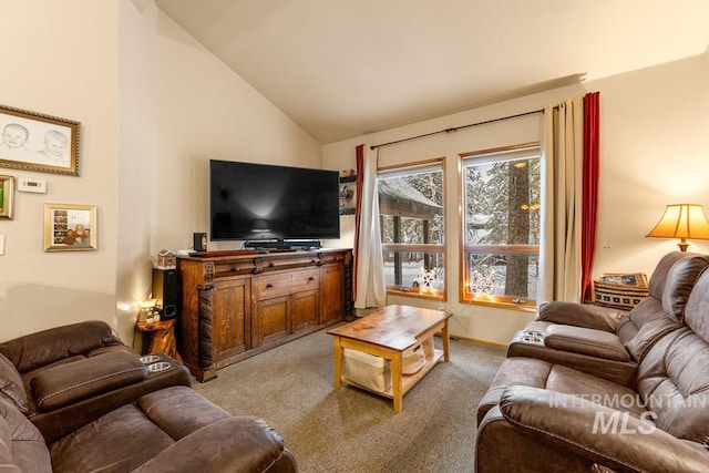 living room with light carpet and lofted ceiling