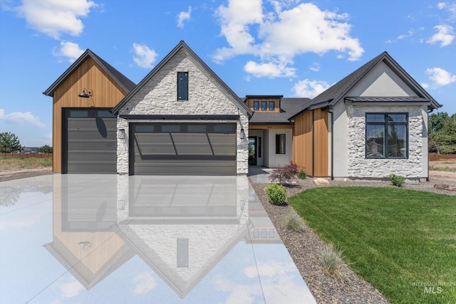 875 Creekwater, Eagle, ID 83616 - contemporary house with stone siding, an attached garage, concrete driveway, a front yard, and board and batten siding