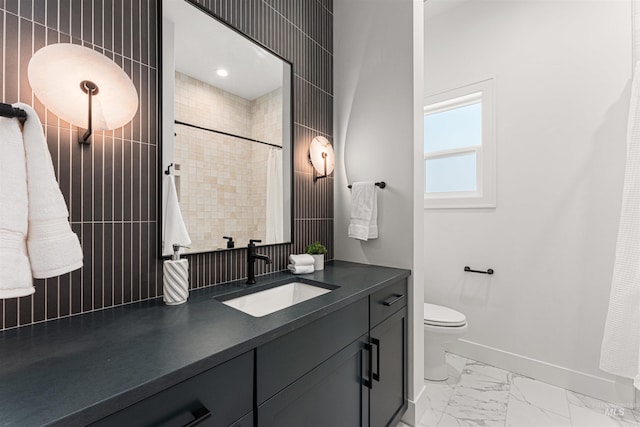 875 Creekwater, Eagle, ID 83616 - full bathroom featuring vanity, marble look tile flooring, and a tile shower