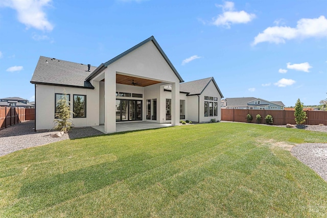 875 Creekwater, Eagle, ID 83616 - back of property with a ceiling fan, stucco siding, a patio, a fenced backyard, and roof with shingles
