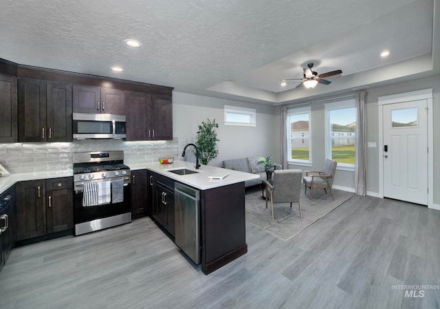 kitchen with a peninsula, a tray ceiling, stainless steel appliances, and light countertops