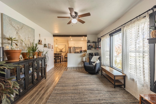 living room with ceiling fan with notable chandelier and hardwood / wood-style flooring