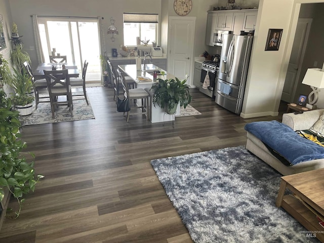 living area featuring baseboards and dark wood-style flooring