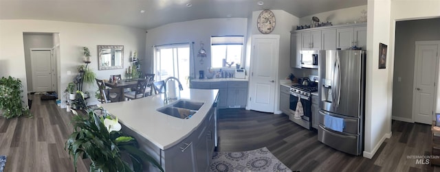 kitchen featuring a sink, dark wood-style floors, stainless steel appliances, light countertops, and vaulted ceiling