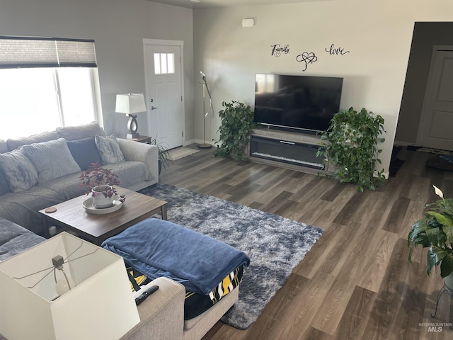 living area featuring baseboards and wood finished floors