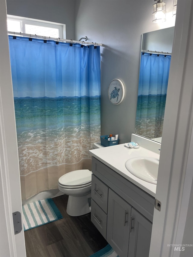 full bathroom with toilet, vanity, and wood finished floors