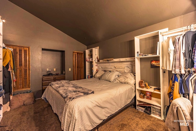 carpeted bedroom with lofted ceiling