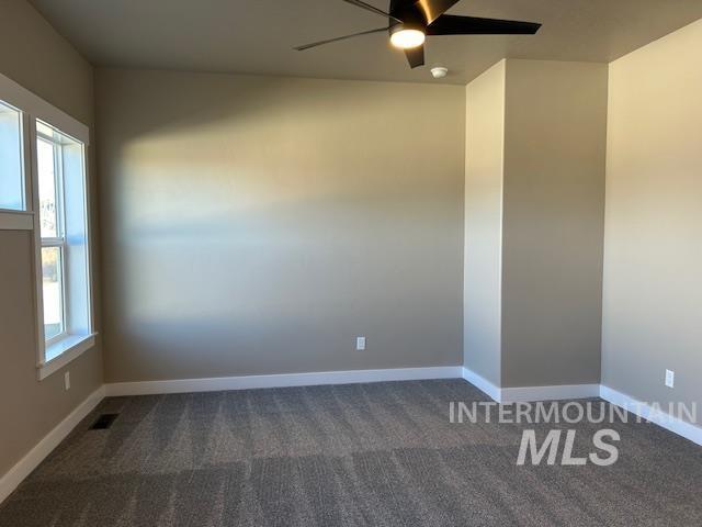 carpeted spare room with ceiling fan and a wealth of natural light