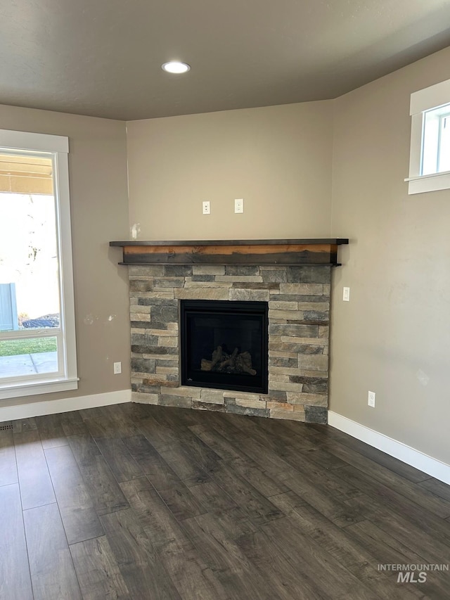 room details with a fireplace and hardwood / wood-style flooring