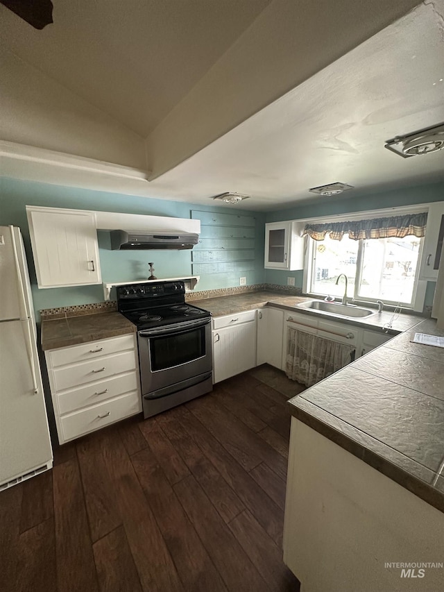 kitchen featuring a sink, stainless steel electric range oven, under cabinet range hood, dark wood-type flooring, and freestanding refrigerator