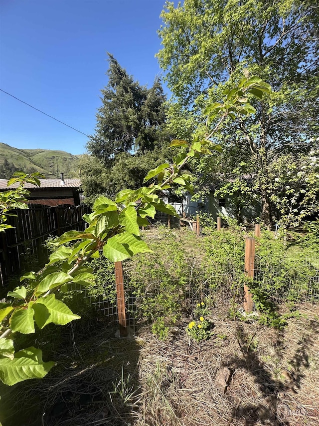 view of yard with fence and a mountain view