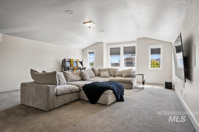2357 N Synergy Pl, Eagle, ID 83616 - living room with light carpet, lofted ceiling, a textured ceiling, and baseboards
