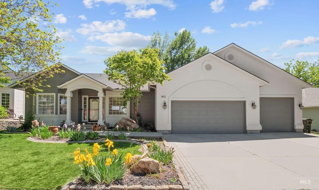 1415 E Lake Crk, Meridian, ID 83642 - ranch-style home with an attached garage, concrete driveway, a front lawn, and stucco siding
