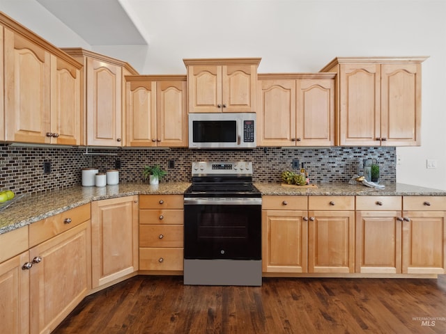 1415 E Lake Crk, Meridian, ID 83642 - kitchen with stainless steel range with electric cooktop, light brown cabinets, light stone countertops, and backsplash