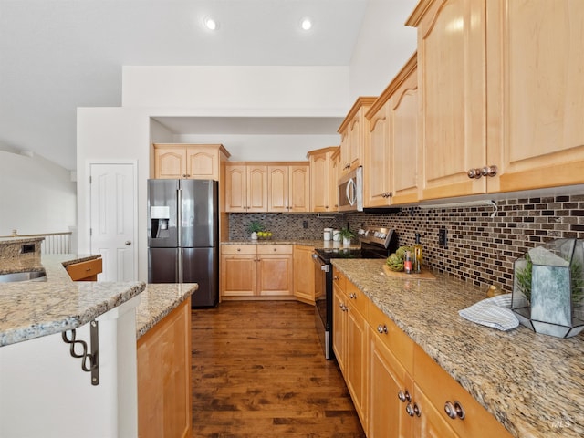 1415 E Lake Crk, Meridian, ID 83642 - kitchen with appliances with stainless steel finishes, light brown cabinetry, dark wood-type flooring, light stone counters, and decorative backsplash