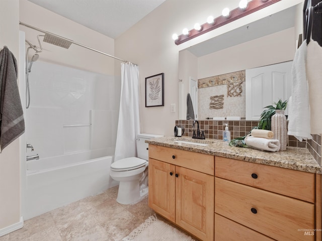 1415 E Lake Crk, Meridian, ID 83642 - full bathroom featuring backsplash, vanity, shower / bath combo with shower curtain, and toilet