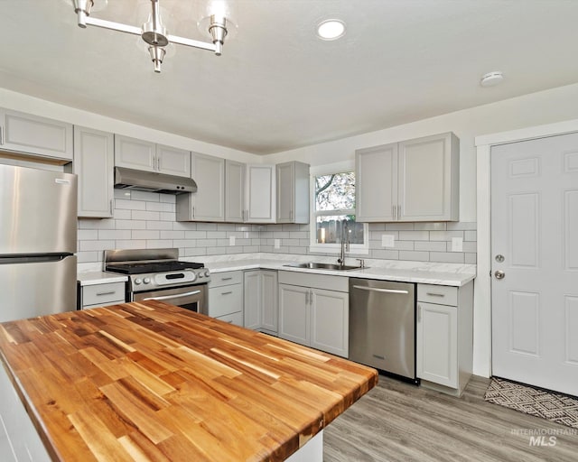 504 E 7th St, Emmett, ID 83617 - kitchen featuring stainless steel appliances, gray cabinets, under cabinet range hood, a sink, and light wood finished floors