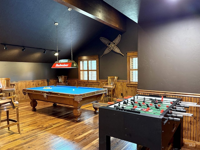 20 Shore Crest Ct, Donnelly, ID 83615 - rec room featuring wainscoting, hardwood / wood-style floors, wood walls, pool table, and rail lighting