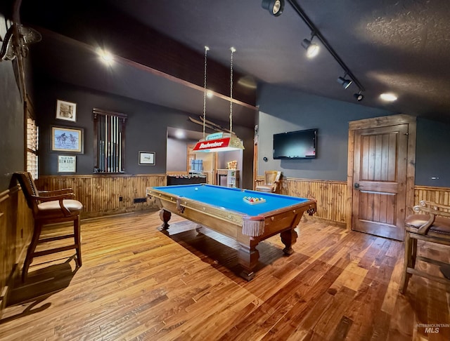 20 Shore Crest Ct, Donnelly, ID 83615 - game room with a wainscoted wall, lofted ceiling, billiards table, wood-type flooring, and wooden walls