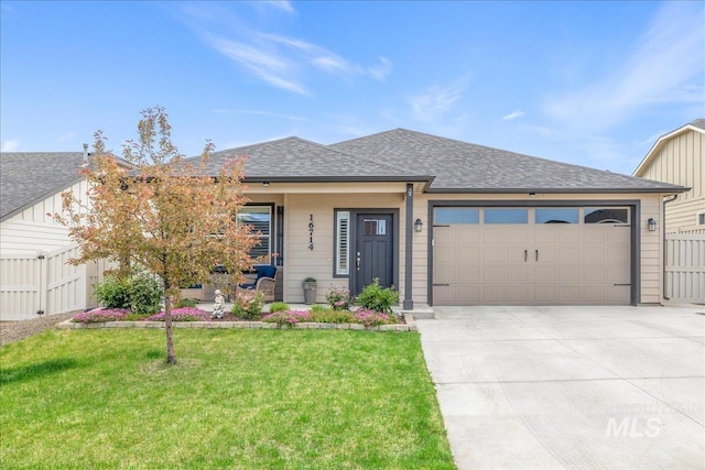 ranch-style home with concrete driveway, a garage, and a shingled roof