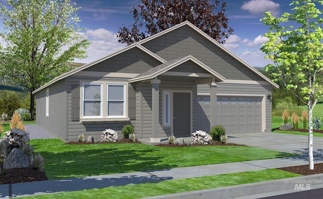 view of front of home featuring concrete driveway, an attached garage, and a front yard