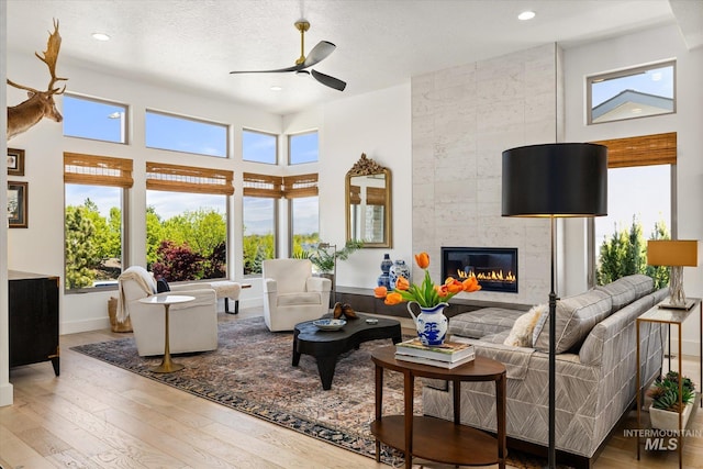 living area with ceiling fan, a healthy amount of sunlight, and hardwood / wood-style flooring