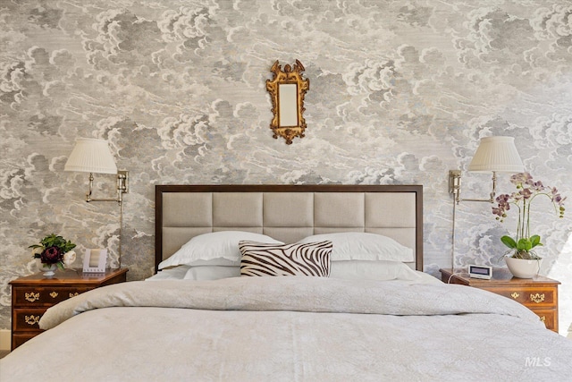 bedroom featuring wallpapered walls