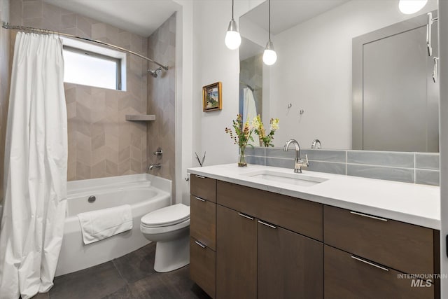 full bath featuring vanity, shower / bath combo, and toilet