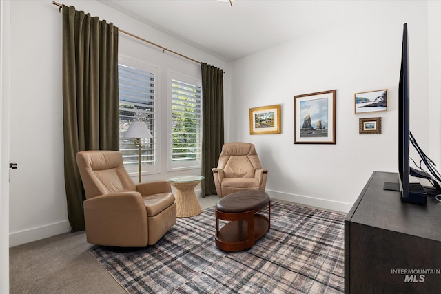 living area featuring baseboards and carpet floors