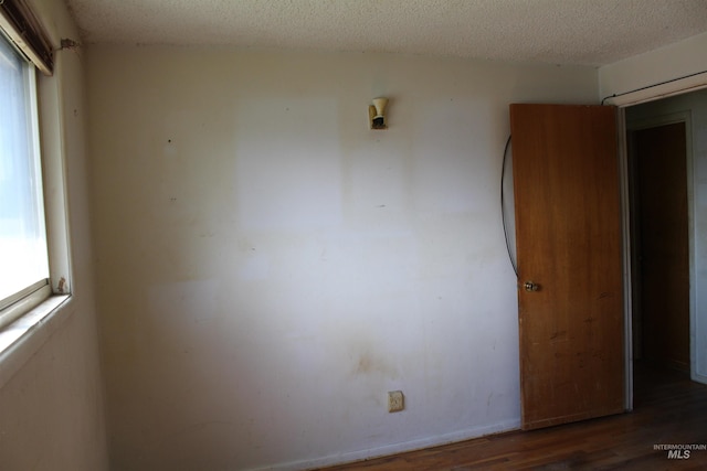 spare room featuring a textured ceiling, plenty of natural light, and dark hardwood / wood-style flooring