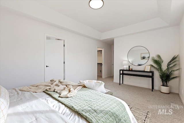 bedroom featuring a raised ceiling, a spacious closet, light colored carpet, and baseboards