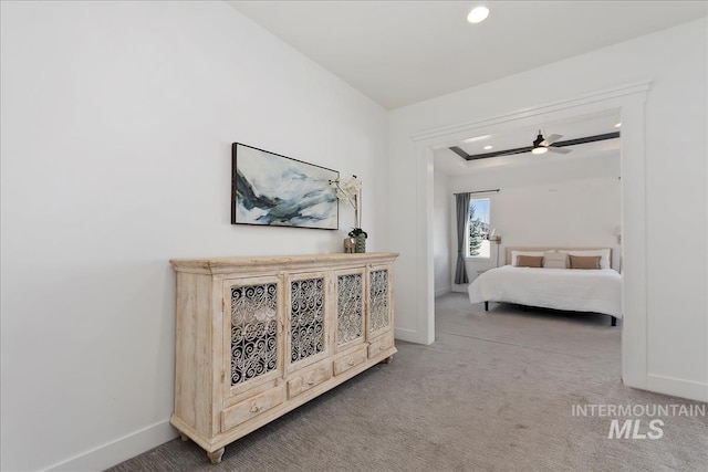 bedroom featuring carpet floors, ceiling fan, baseboards, and recessed lighting