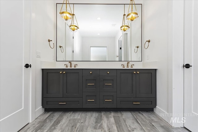 bathroom featuring double vanity, wood finished floors, and a sink