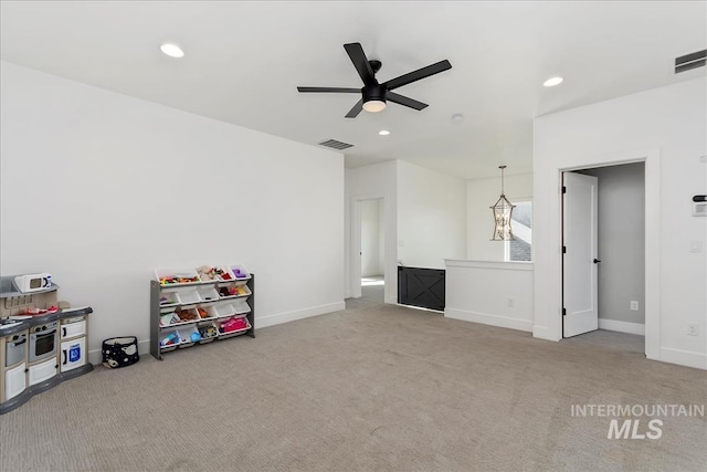 rec room featuring carpet, visible vents, baseboards, and recessed lighting