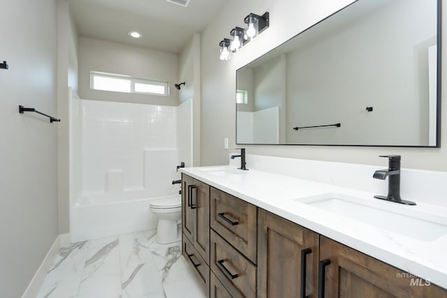 275 Meadow View Dr, Payette, ID 83661 - full bath featuring double vanity, washtub / shower combination, marble look tile flooring, and recessed lighting