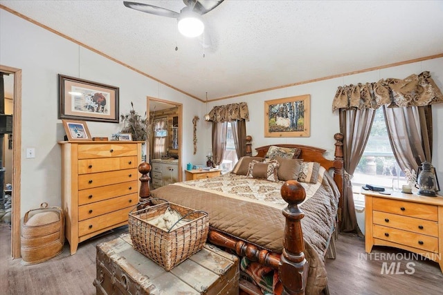 103 W 420 N, Shoshone, ID 83352 - bedroom featuring ornamental molding, lofted ceiling, wood finished floors, a textured ceiling, and ensuite bath