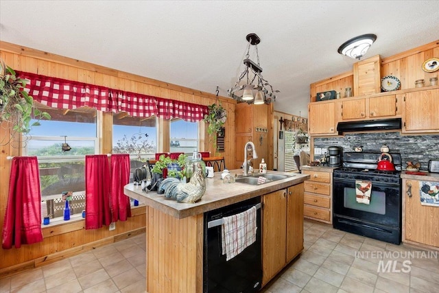 103 W 420 N, Shoshone, ID 83352 - kitchen featuring black appliances, under cabinet range hood, plenty of natural light, decorative backsplash, and wooden walls